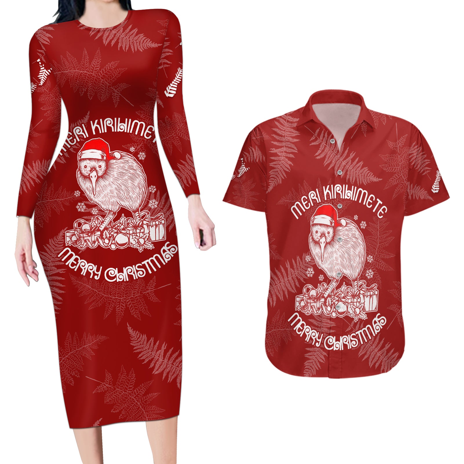 New Zealand Christmas Couples Matching Long Sleeve Bodycon Dress and Hawaiian Shirt Silver Fern Mix Kiwi Bird Ver01 LT7 Red - Polynesian Pride