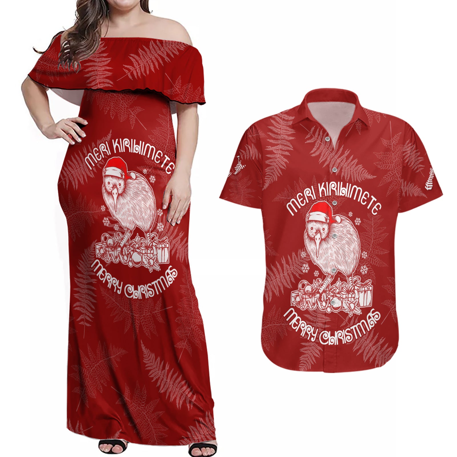 New Zealand Christmas Couples Matching Off Shoulder Maxi Dress and Hawaiian Shirt Silver Fern Mix Kiwi Bird Ver01 LT7 Red - Polynesian Pride