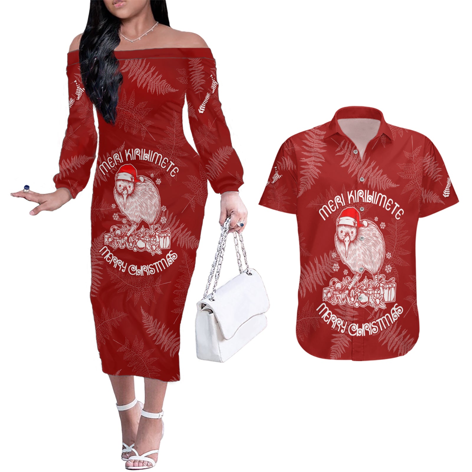 New Zealand Christmas Couples Matching Off The Shoulder Long Sleeve Dress and Hawaiian Shirt Silver Fern Mix Kiwi Bird Ver01 LT7 Red - Polynesian Pride