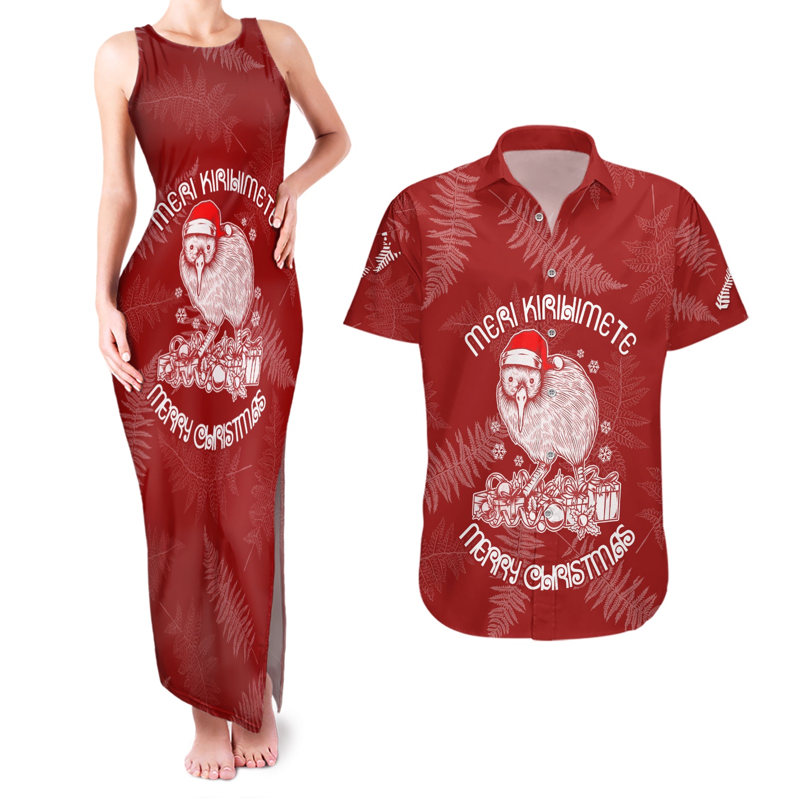 New Zealand Christmas Couples Matching Tank Maxi Dress and Hawaiian Shirt Silver Fern Mix Kiwi Bird Ver01 LT7 Red - Polynesian Pride