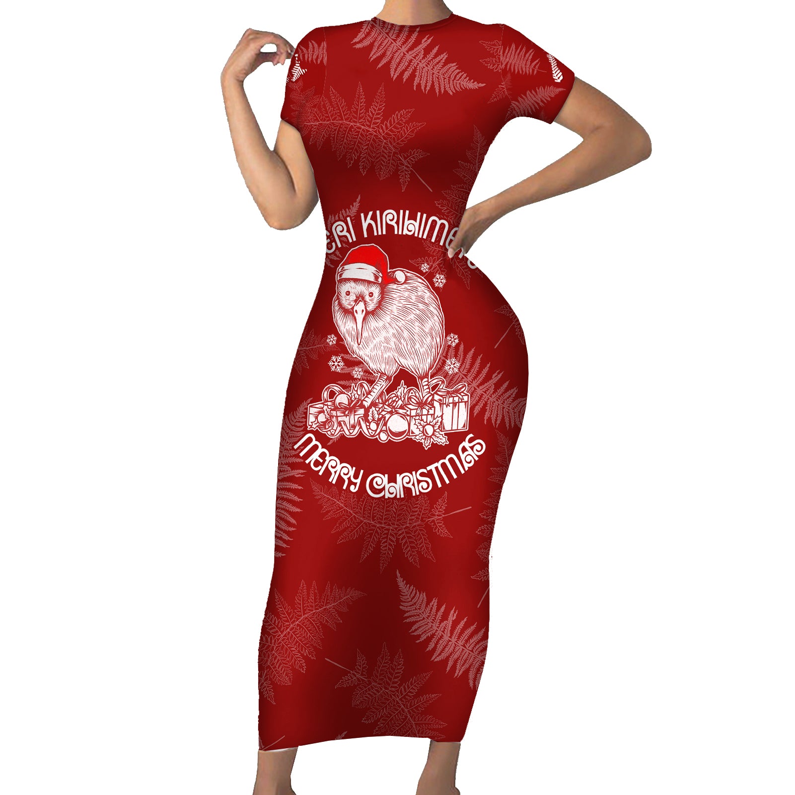 New Zealand Christmas Short Sleeve Bodycon Dress Silver Fern Mix Kiwi Bird Ver01 LT7 Long Dress Red - Polynesian Pride