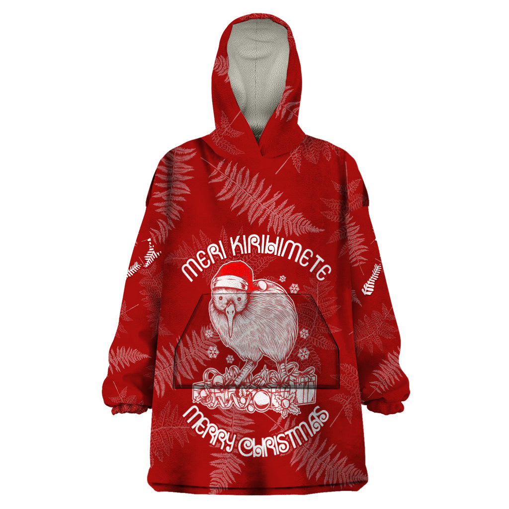 New Zealand Christmas Wearable Blanket Hoodie Silver Fern Mix Kiwi Bird Ver01 LT7 One Size Red - Polynesian Pride