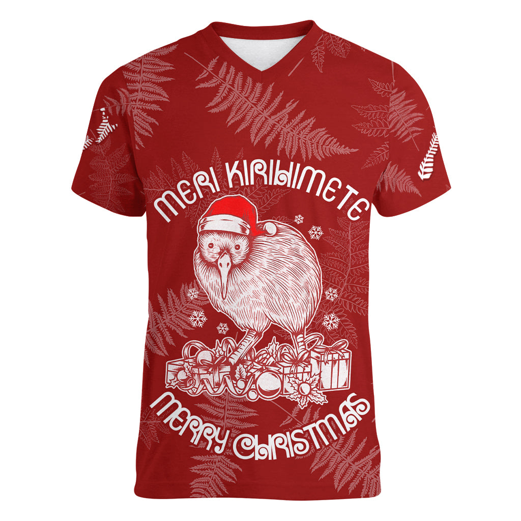 New Zealand Christmas Women V Neck T Shirt Silver Fern Mix Kiwi Bird Ver01 LT7 Female Red - Polynesian Pride