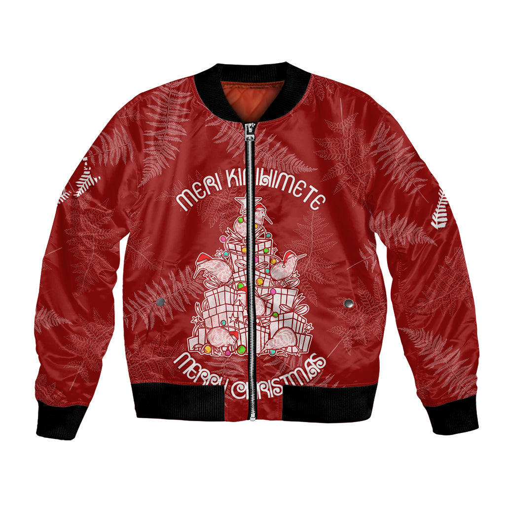 New Zealand Christmas Bomber Jacket Silver Fern Mix Kiwi Bird Ver02 LT7 Unisex Red - Polynesian Pride