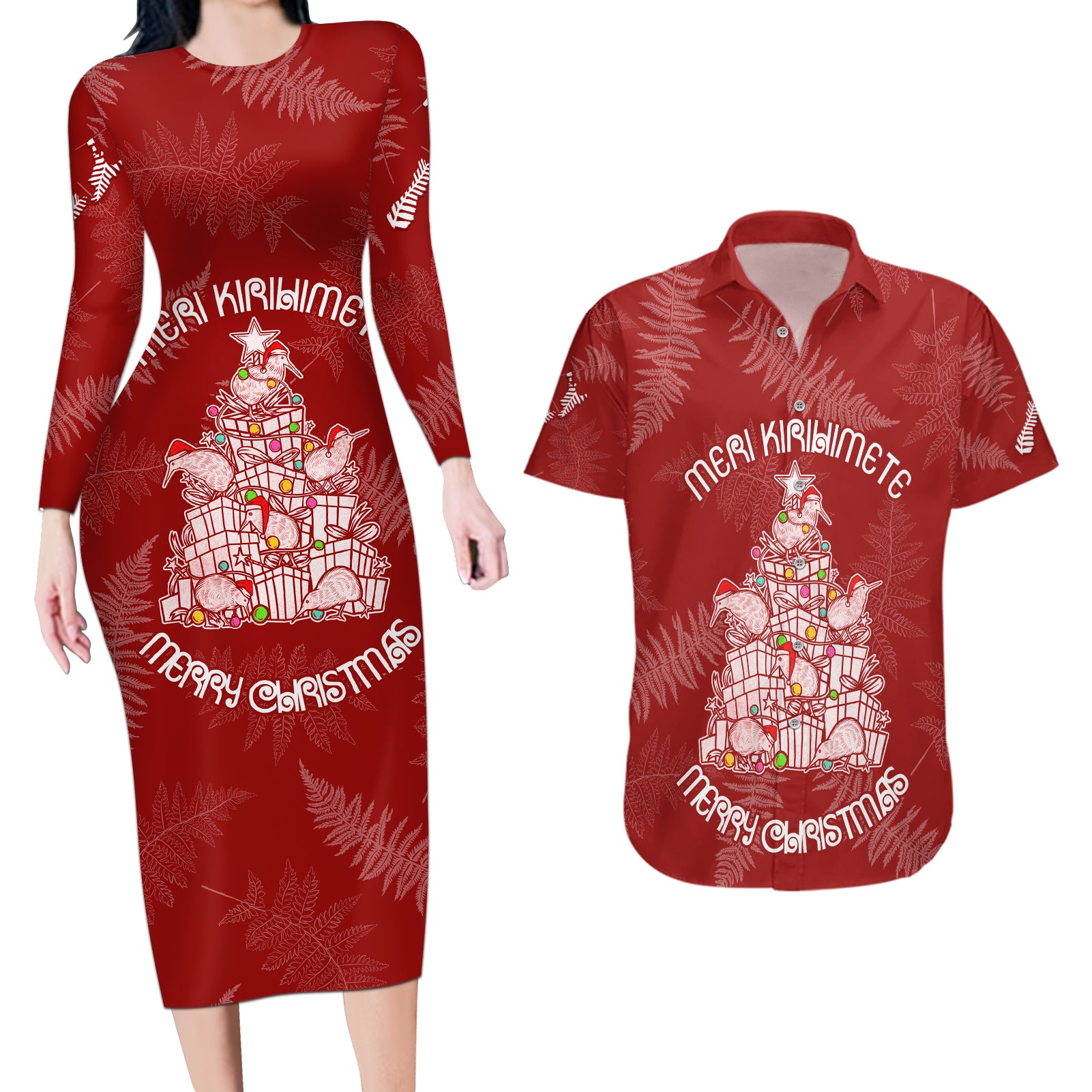 New Zealand Christmas Couples Matching Long Sleeve Bodycon Dress and Hawaiian Shirt Silver Fern Mix Kiwi Bird Ver02 LT7 Red - Polynesian Pride