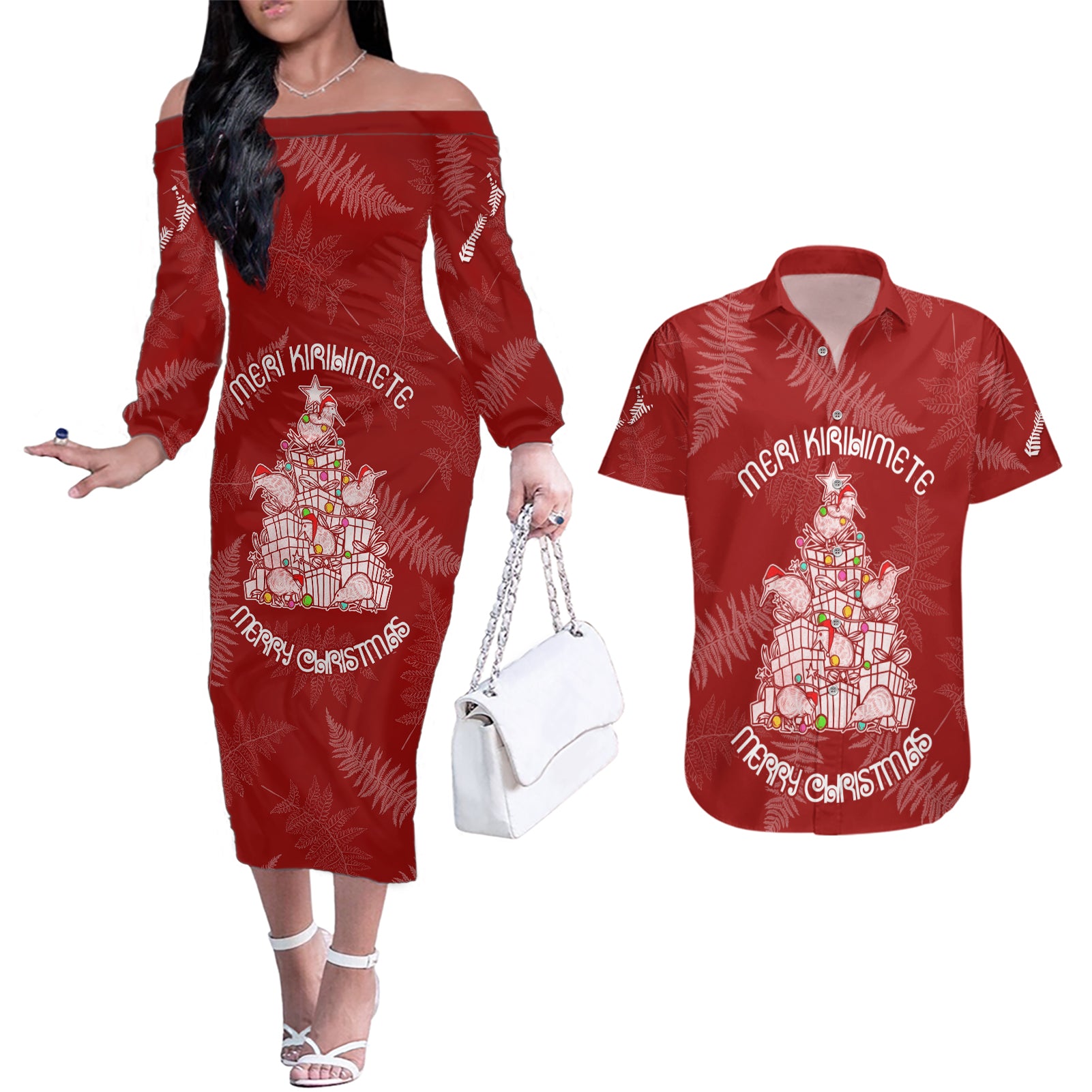 New Zealand Christmas Couples Matching Off The Shoulder Long Sleeve Dress and Hawaiian Shirt Silver Fern Mix Kiwi Bird Ver02 LT7 Red - Polynesian Pride