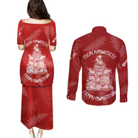 New Zealand Christmas Couples Matching Puletasi Dress and Long Sleeve Button Shirts Silver Fern Mix Kiwi Bird Ver02 LT7 - Polynesian Pride