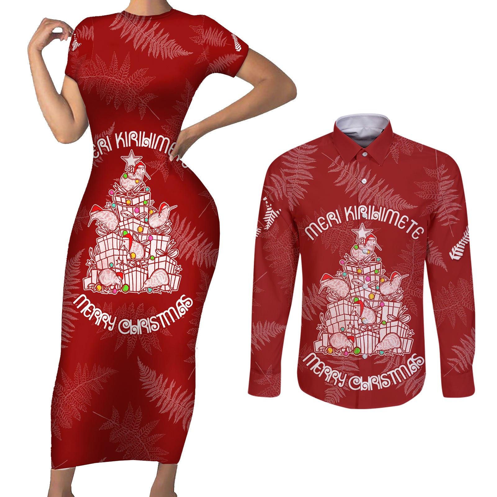 New Zealand Christmas Couples Matching Short Sleeve Bodycon Dress and Long Sleeve Button Shirts Silver Fern Mix Kiwi Bird Ver02 LT7 Red - Polynesian Pride