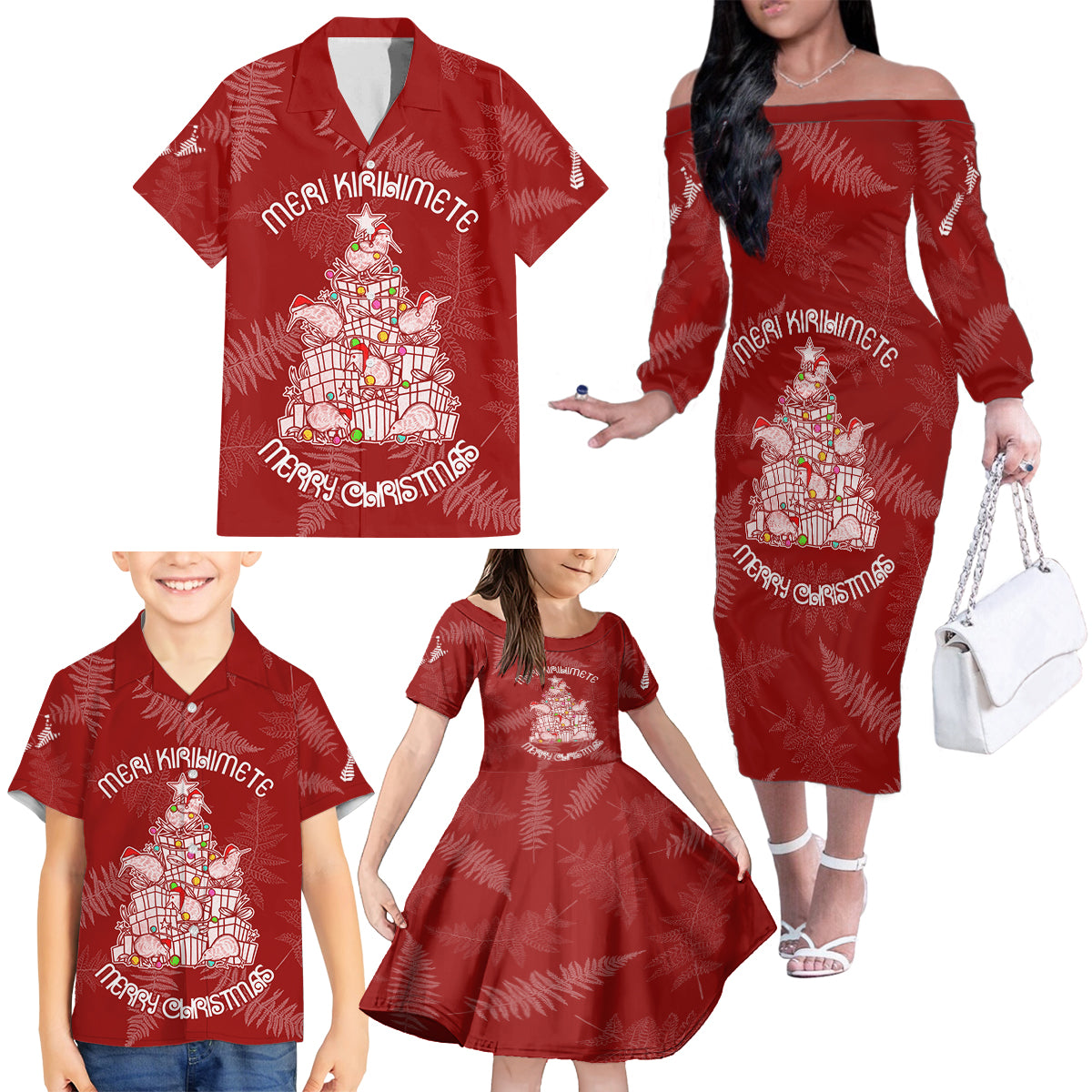 New Zealand Christmas Family Matching Off Shoulder Long Sleeve Dress and Hawaiian Shirt Silver Fern Mix Kiwi Bird Ver02 LT7 - Polynesian Pride