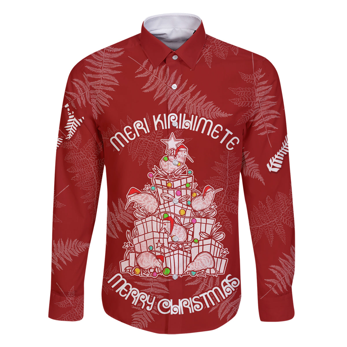 New Zealand Christmas Family Matching Off Shoulder Maxi Dress and Hawaiian Shirt Silver Fern Mix Kiwi Bird Ver02 LT7 Dad's Shirt - Long Sleeve Red - Polynesian Pride