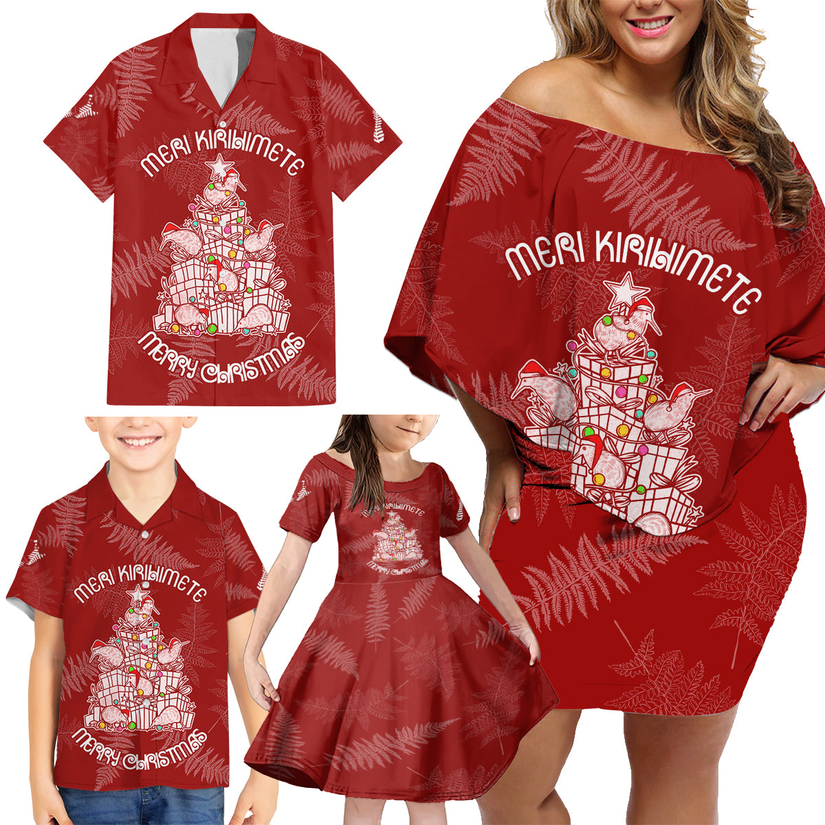 New Zealand Christmas Family Matching Off Shoulder Short Dress and Hawaiian Shirt Silver Fern Mix Kiwi Bird Ver02 LT7 - Polynesian Pride