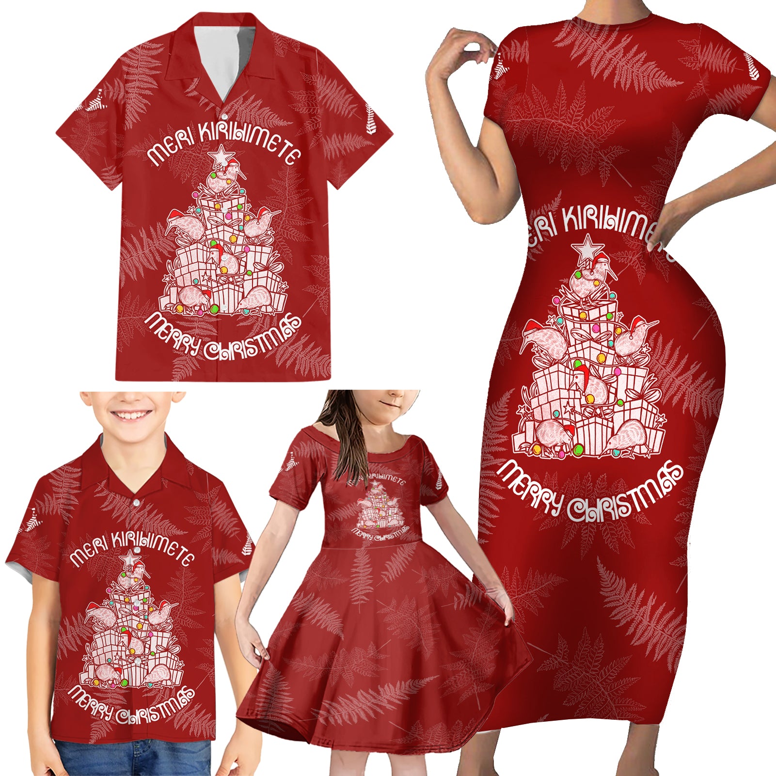 New Zealand Christmas Family Matching Short Sleeve Bodycon Dress and Hawaiian Shirt Silver Fern Mix Kiwi Bird Ver02 LT7 - Polynesian Pride