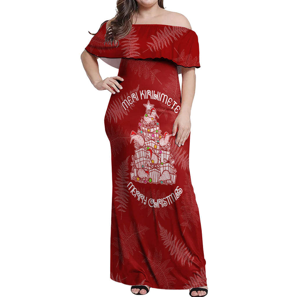 New Zealand Christmas Off Shoulder Maxi Dress Silver Fern Mix Kiwi Bird Ver02 LT7 Women Red - Polynesian Pride