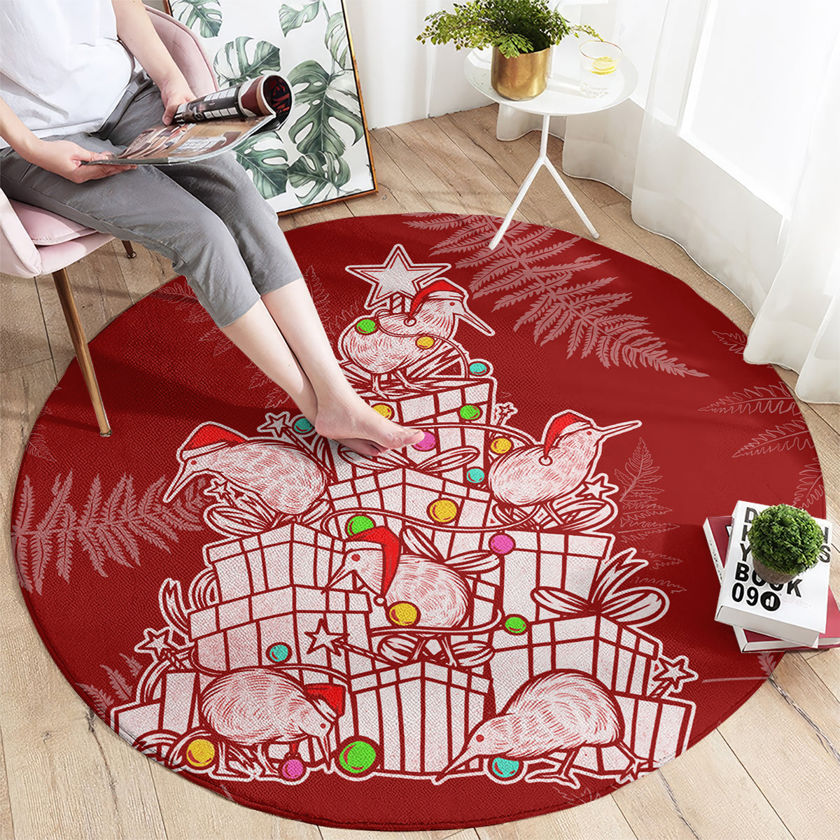 New Zealand Christmas Round Carpet Silver Fern Mix Kiwi Bird Ver02 LT7 - Polynesian Pride