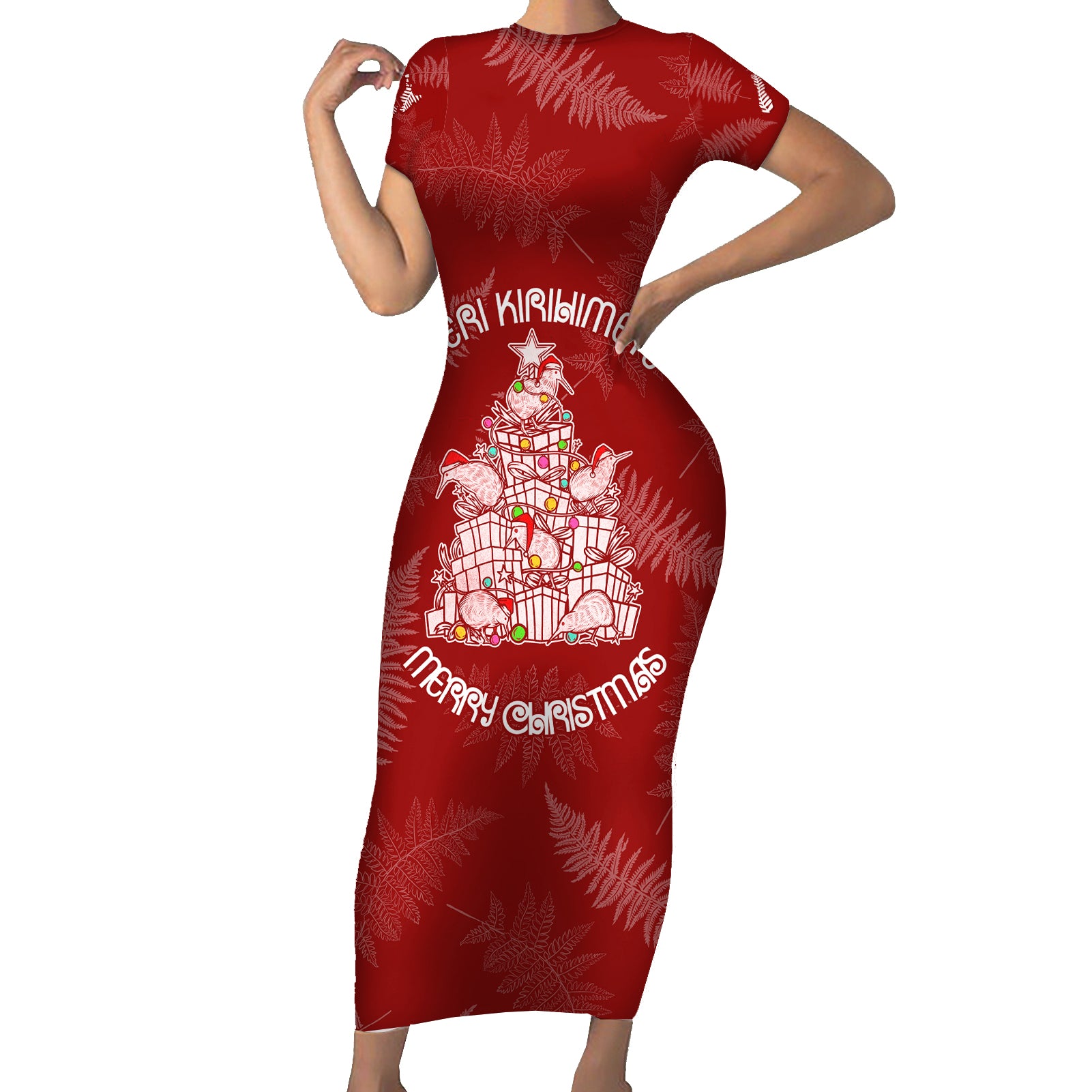 New Zealand Christmas Short Sleeve Bodycon Dress Silver Fern Mix Kiwi Bird Ver02 LT7 Long Dress Red - Polynesian Pride