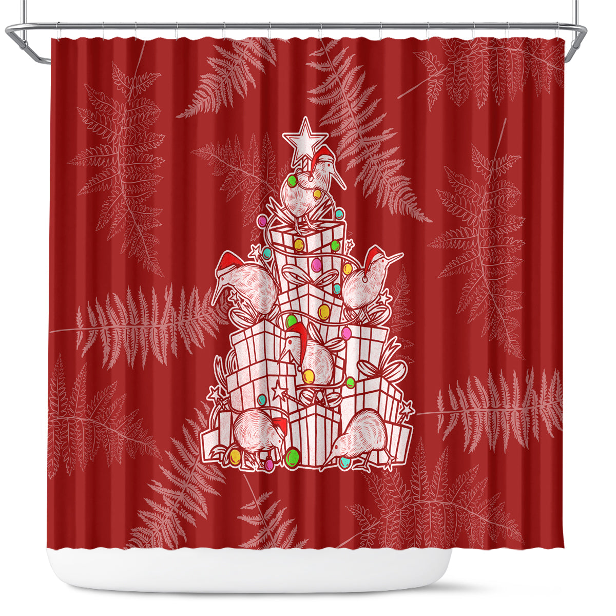 New Zealand Christmas Shower Curtain Silver Fern Mix Kiwi Bird Ver02 LT7 Red - Polynesian Pride