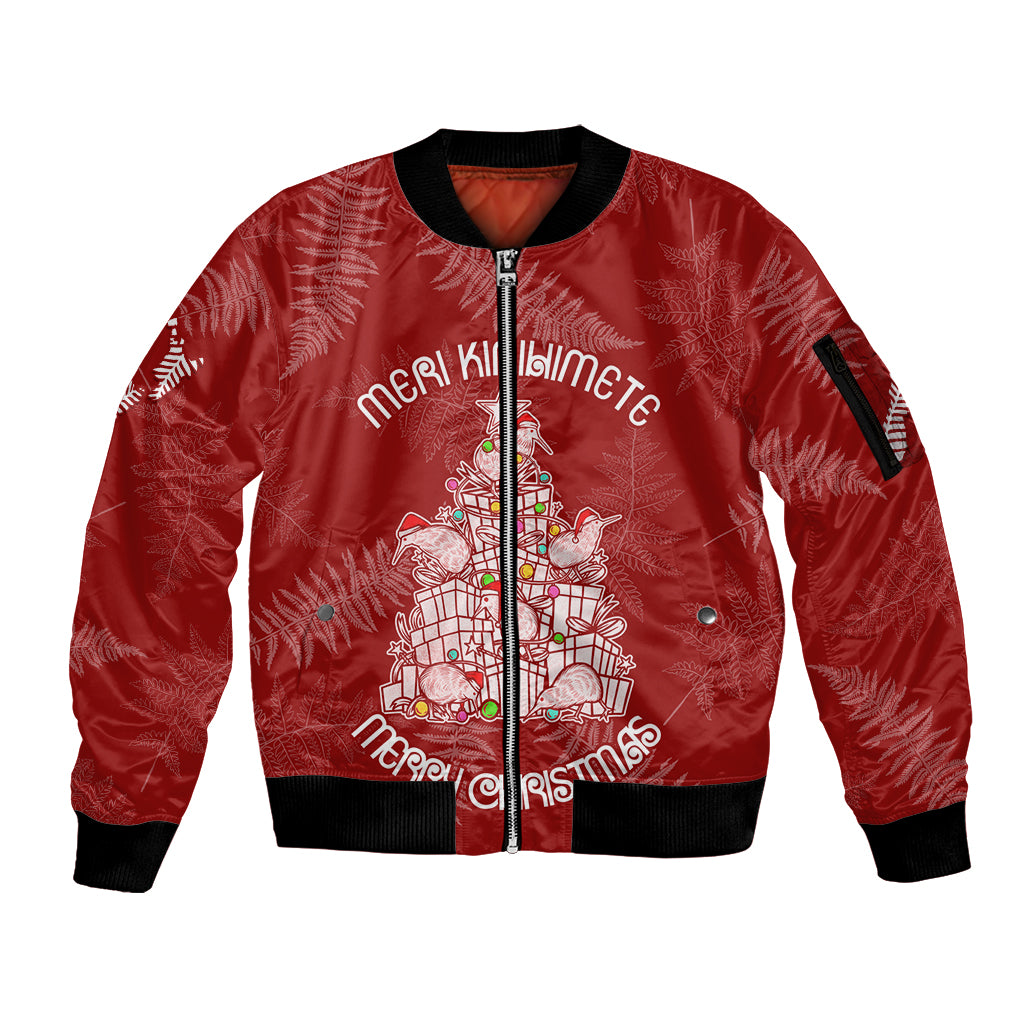 New Zealand Christmas Sleeve Zip Bomber Jacket Silver Fern Mix Kiwi Bird Ver02 LT7 Unisex Red - Polynesian Pride