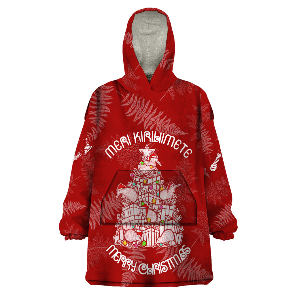 New Zealand Christmas Wearable Blanket Hoodie Silver Fern Mix Kiwi Bird Ver02 LT7 One Size Red - Polynesian Pride