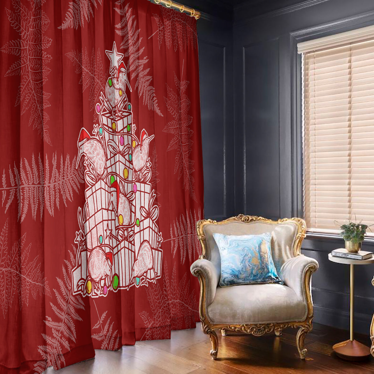 New Zealand Christmas Window Curtain Silver Fern Mix Kiwi Bird Ver02 LT7 With Hooks Red - Polynesian Pride