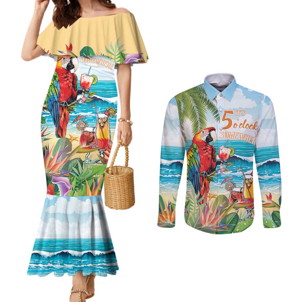 Aloha Hawaii Christmas Couples Matching Mermaid Dress and Long Sleeve Button Shirt It's 5 o'clock Somewhere