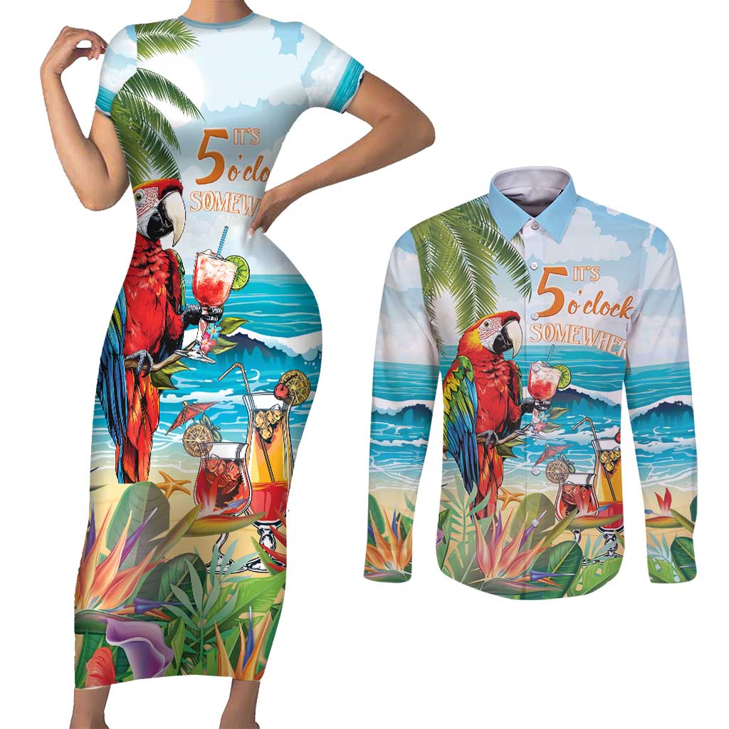 Aloha Hawaii Christmas Couples Matching Short Sleeve Bodycon Dress and Long Sleeve Button Shirt It's 5 o'clock Somewhere