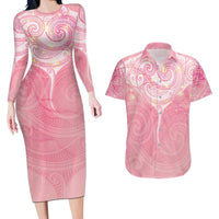 Breast Cancer Awareness Maori Aotearoa Couples Matching Long Sleeve Bodycon Dress and Hawaiian Shirt Manta Ray - Pink Glaze - Polynesian Pride