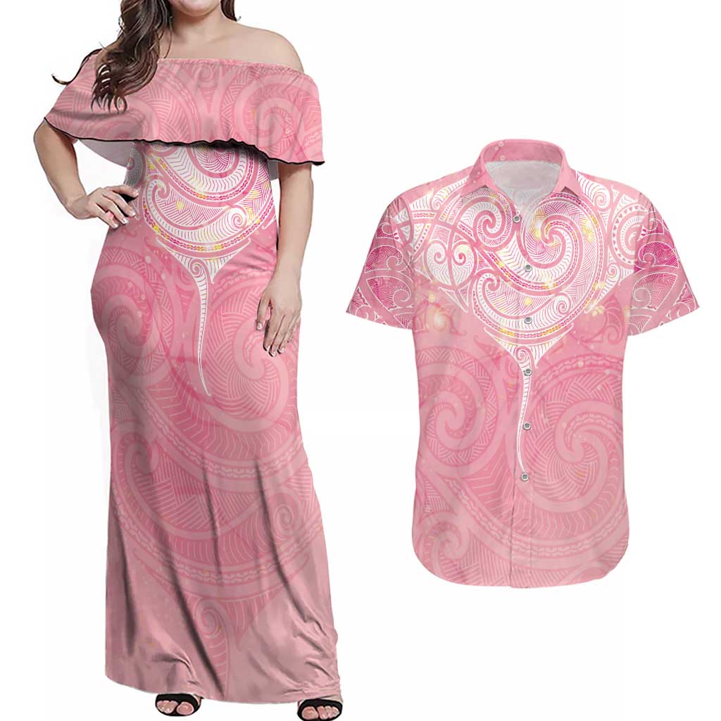 Breast Cancer Awareness Maori Aotearoa Couples Matching Off Shoulder Maxi Dress and Hawaiian Shirt Manta Ray - Pink Glaze - Polynesian Pride