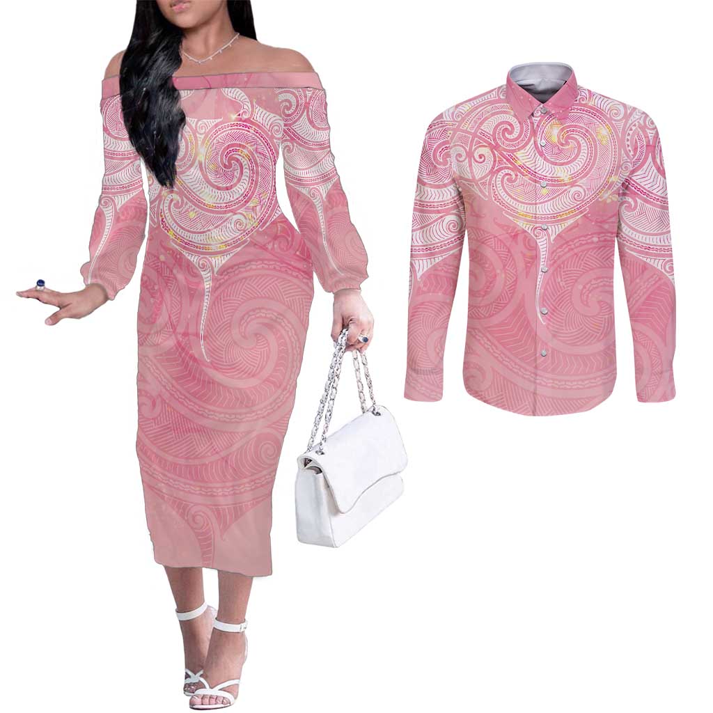 Breast Cancer Awareness Maori Aotearoa Couples Matching Off The Shoulder Long Sleeve Dress and Long Sleeve Button Shirt Manta Ray - Pink Glaze - Polynesian Pride