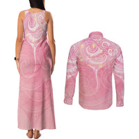 Breast Cancer Awareness Maori Aotearoa Couples Matching Tank Maxi Dress and Long Sleeve Button Shirt Manta Ray - Pink Glaze - Polynesian Pride