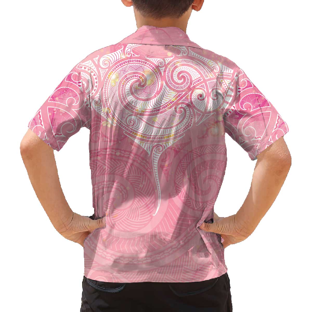 Breast Cancer Awareness Maori Aotearoa Family Matching Off The Shoulder Long Sleeve Dress and Hawaiian Shirt Manta Ray - Pink Glaze - Polynesian Pride
