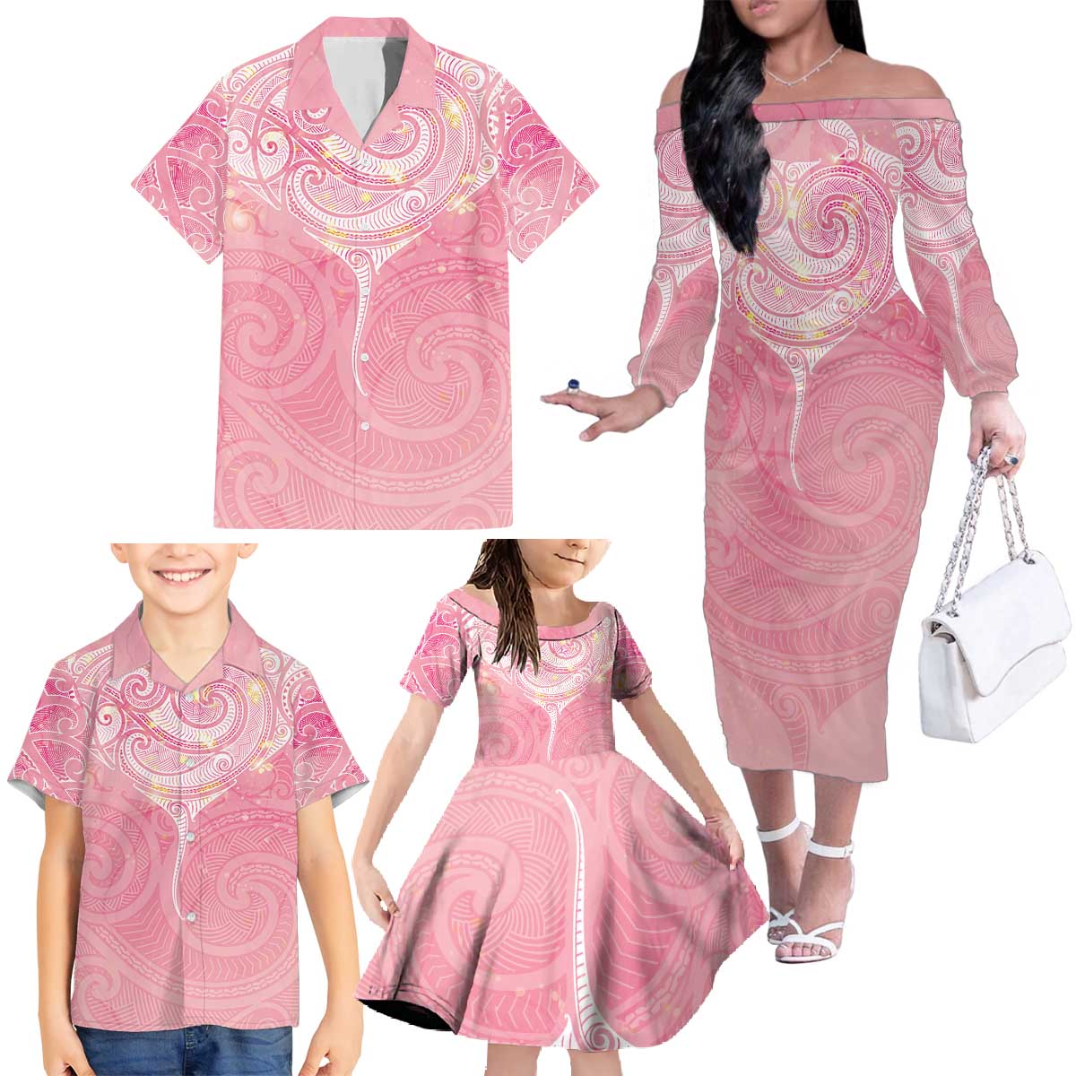 Breast Cancer Awareness Maori Aotearoa Family Matching Off The Shoulder Long Sleeve Dress and Hawaiian Shirt Manta Ray - Pink Glaze - Polynesian Pride
