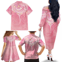 Breast Cancer Awareness Maori Aotearoa Family Matching Off The Shoulder Long Sleeve Dress and Hawaiian Shirt Manta Ray - Pink Glaze - Polynesian Pride