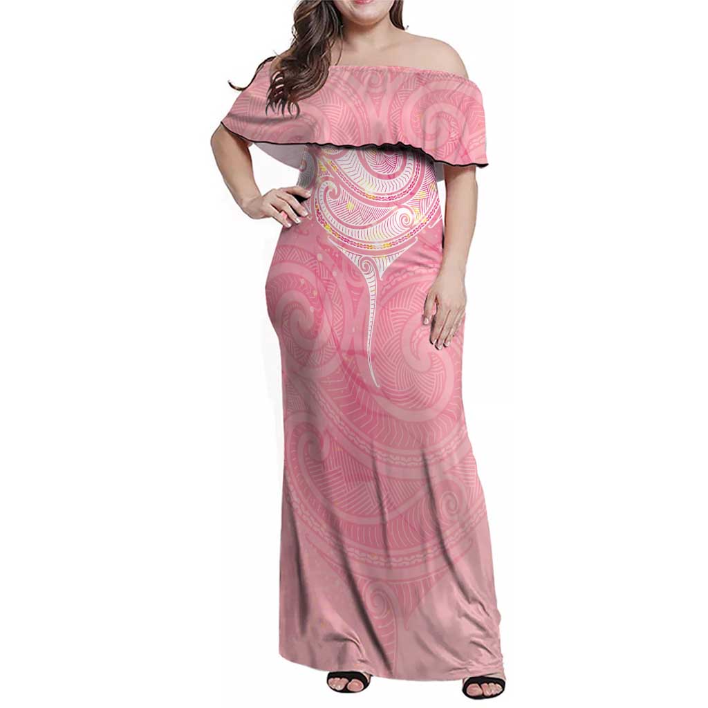 Breast Cancer Awareness Maori Aotearoa Family Matching Off Shoulder Maxi Dress and Hawaiian Shirt Manta Ray - Pink Glaze - Polynesian Pride