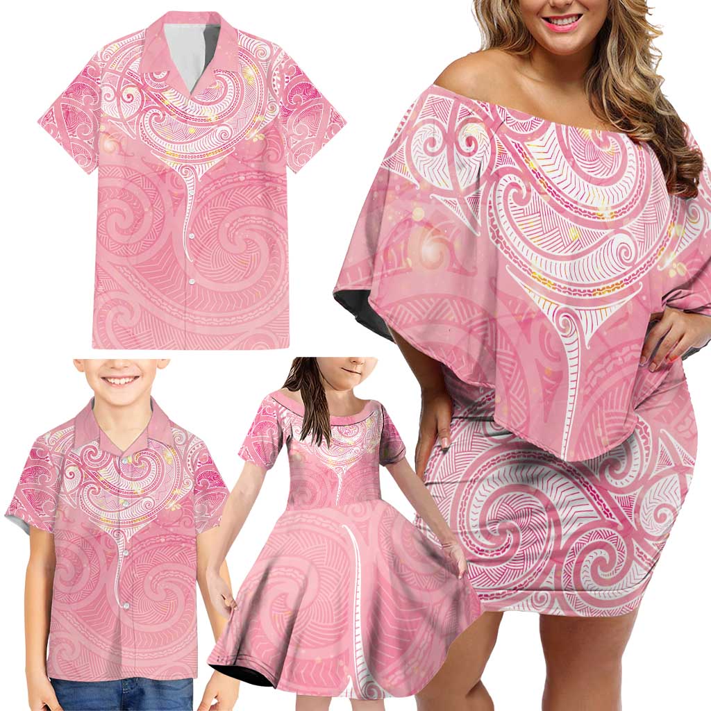 Breast Cancer Awareness Maori Aotearoa Family Matching Off Shoulder Short Dress and Hawaiian Shirt Manta Ray - Pink Glaze - Polynesian Pride