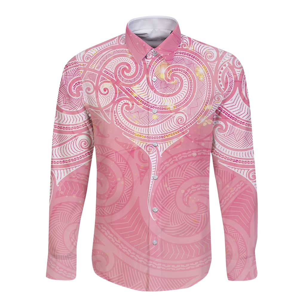 Breast Cancer Awareness Maori Aotearoa Long Sleeve Button Shirt Manta Ray - Pink Glaze - Polynesian Pride