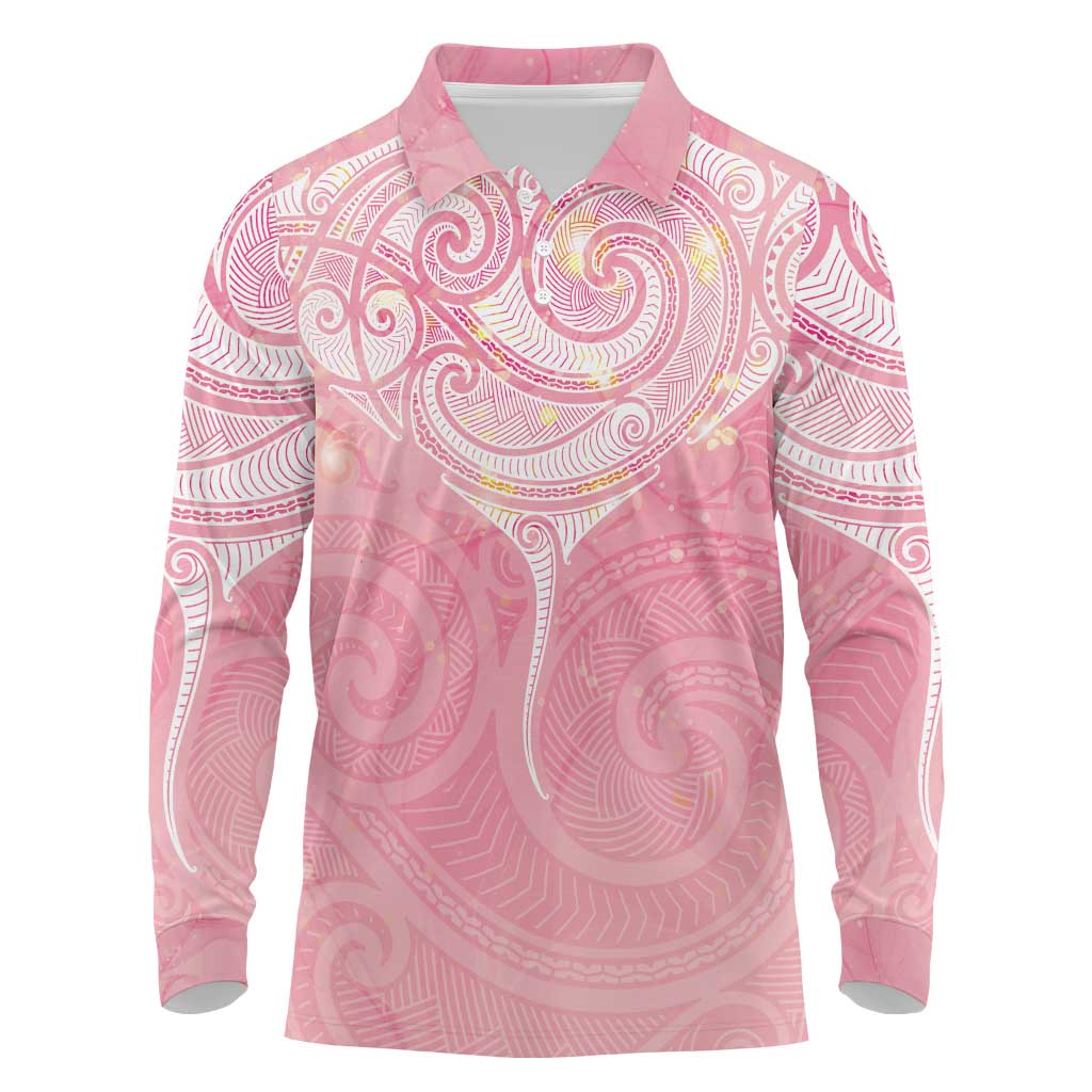 Breast Cancer Awareness Maori Aotearoa Long Sleeve Polo Shirt Manta Ray - Pink Glaze - Polynesian Pride