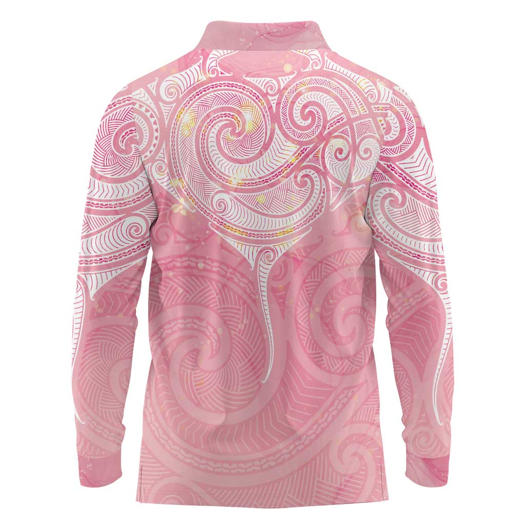 Breast Cancer Awareness Maori Aotearoa Long Sleeve Polo Shirt Manta Ray - Pink Glaze - Polynesian Pride
