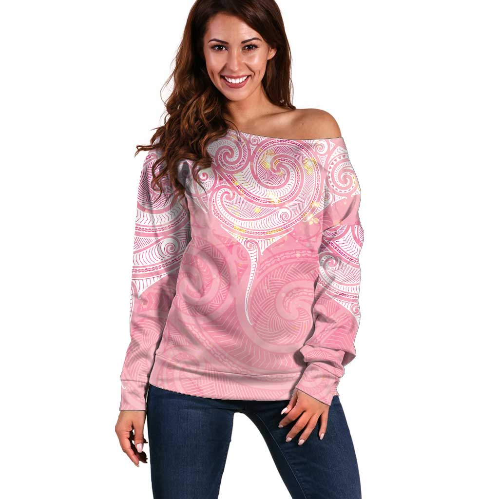 Breast Cancer Awareness Maori Aotearoa Off Shoulder Sweater Manta Ray - Pink Glaze - Polynesian Pride