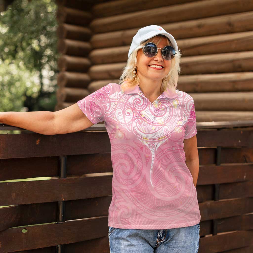 Breast Cancer Awareness Maori Aotearoa Women Polo Shirt Manta Ray - Pink Glaze - Polynesian Pride