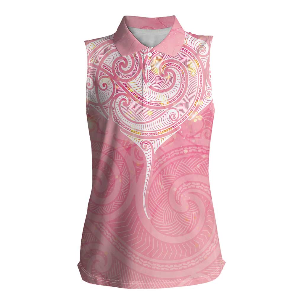Breast Cancer Awareness Maori Aotearoa Women Sleeveless Polo Shirt Manta Ray - Pink Glaze - Polynesian Pride