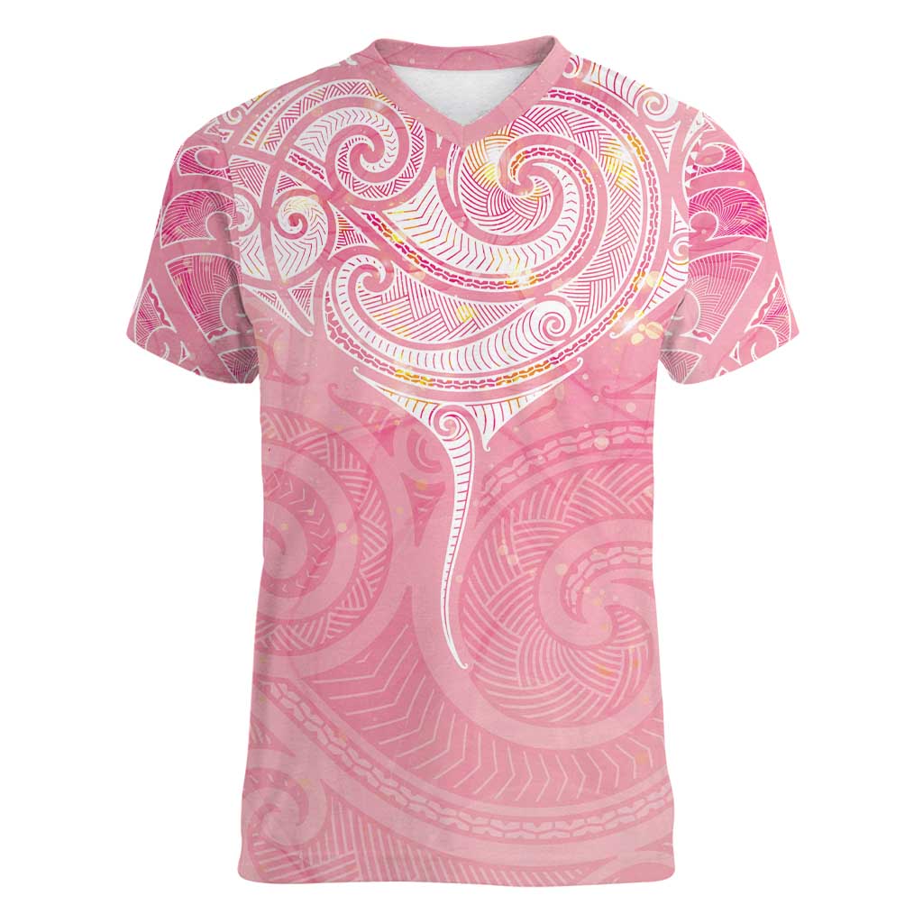 Breast Cancer Awareness Maori Aotearoa Women V-Neck T-Shirt Manta Ray - Pink Glaze - Polynesian Pride