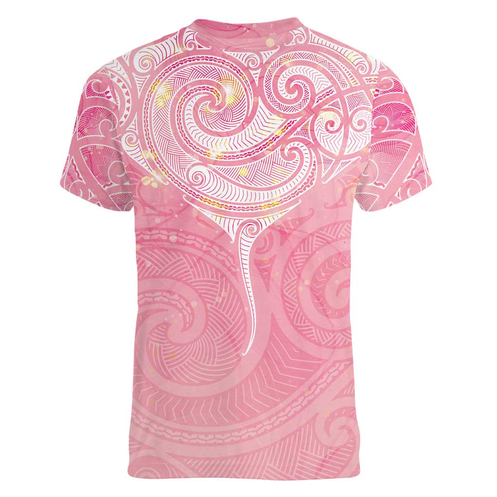 Breast Cancer Awareness Maori Aotearoa Women V-Neck T-Shirt Manta Ray - Pink Glaze - Polynesian Pride