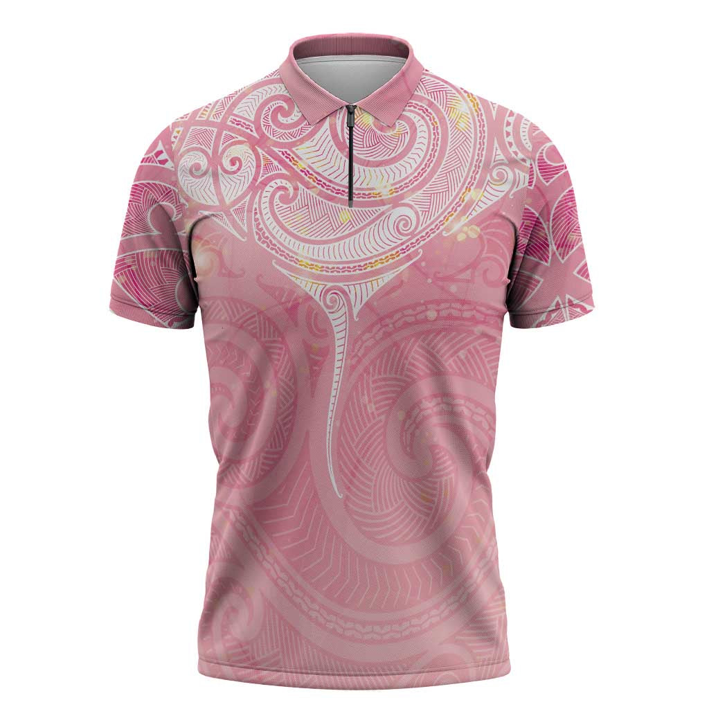 Breast Cancer Awareness Maori Aotearoa Zipper Polo Shirt Manta Ray - Pink Glaze - Polynesian Pride