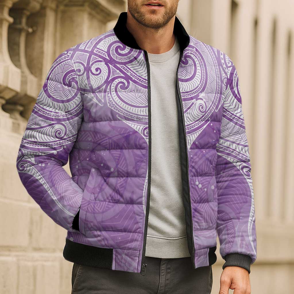 Epilepsy Awareness Maori Aotearoa Bomber Puffer Jacket Manta Ray - Purple Glaze - Polynesian Pride
