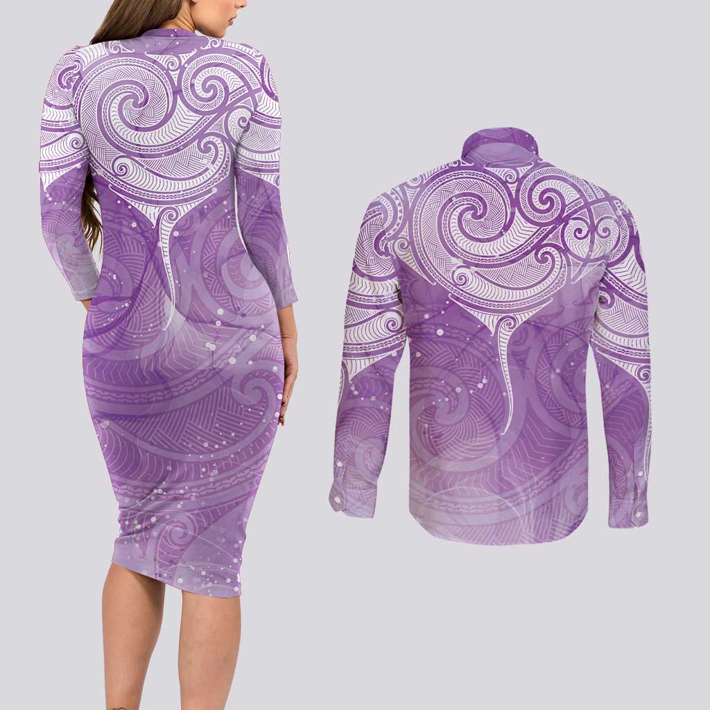 Epilepsy Awareness Maori Aotearoa Couples Matching Long Sleeve Bodycon Dress and Long Sleeve Button Shirt Manta Ray - Purple Glaze - Polynesian Pride