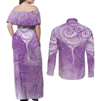 Epilepsy Awareness Maori Aotearoa Couples Matching Off Shoulder Maxi Dress and Long Sleeve Button Shirt Manta Ray - Purple Glaze - Polynesian Pride