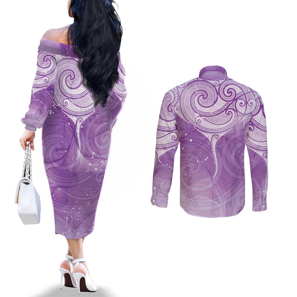 Epilepsy Awareness Maori Aotearoa Couples Matching Off The Shoulder Long Sleeve Dress and Long Sleeve Button Shirt Manta Ray - Purple Glaze - Polynesian Pride