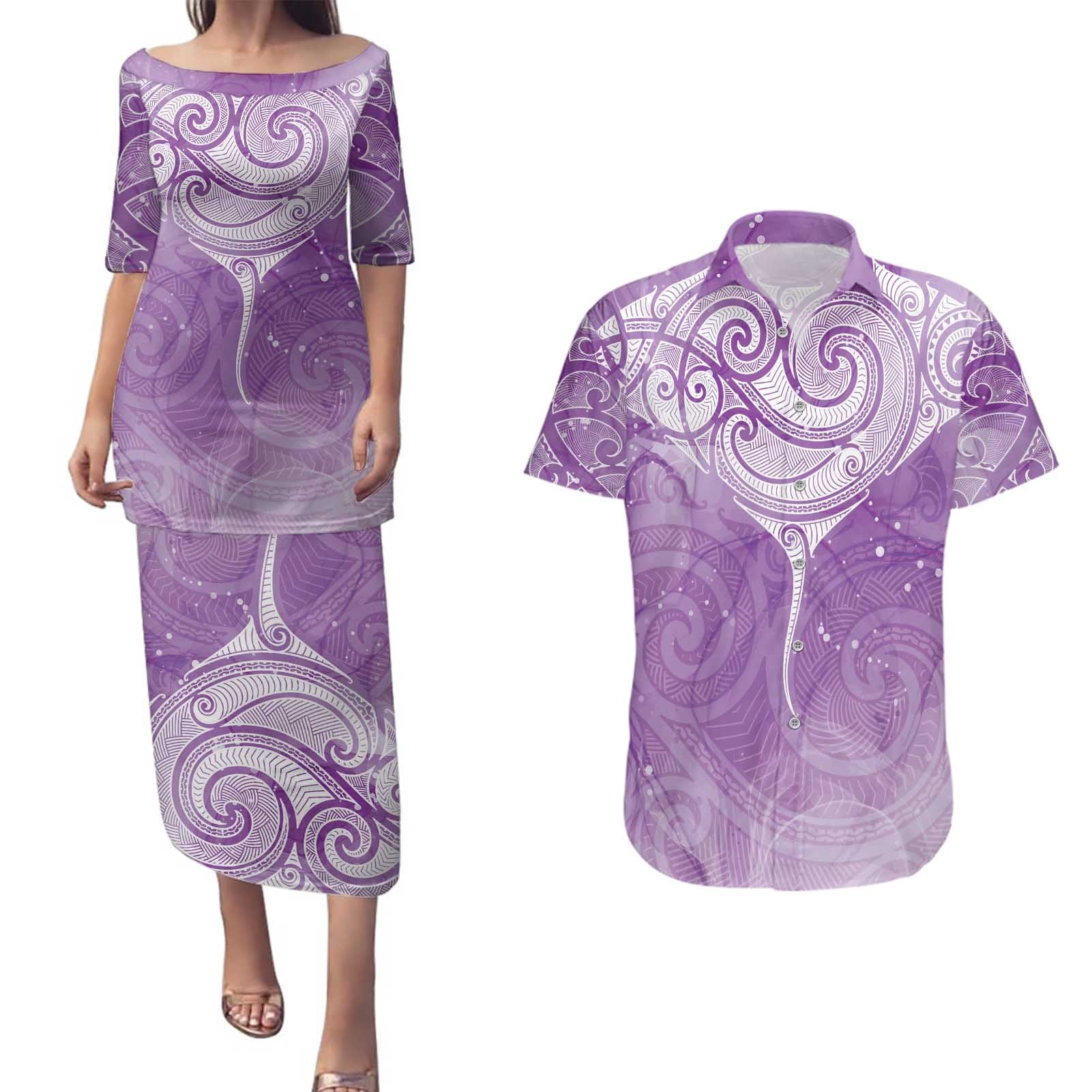 Epilepsy Awareness Maori Aotearoa Couples Matching Puletasi and Hawaiian Shirt Manta Ray - Purple Glaze - Polynesian Pride