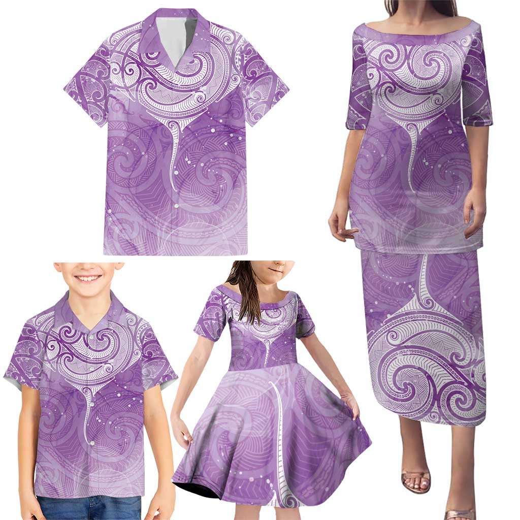 Epilepsy Awareness Maori Aotearoa Family Matching Puletasi and Hawaiian Shirt Manta Ray - Purple Glaze - Polynesian Pride