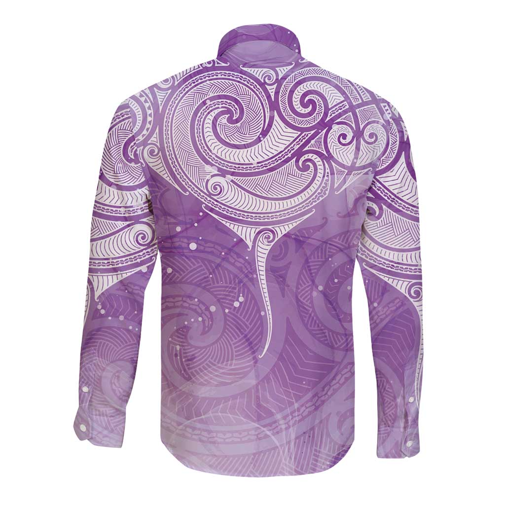 Epilepsy Awareness Maori Aotearoa Long Sleeve Button Shirt Manta Ray - Purple Glaze - Polynesian Pride